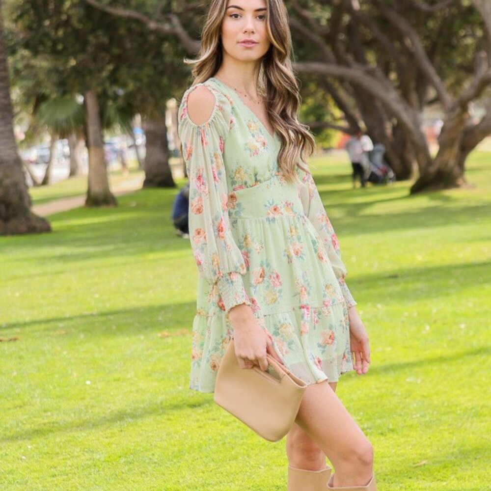 Lumiere Sage Green Floral Cold Shoulder Mini Dress Long Sleeve Ruffle Hem